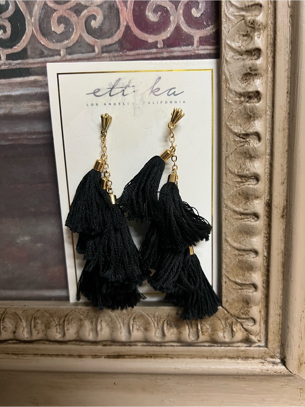 ettika Black Tassel Drop Pierced Earrings